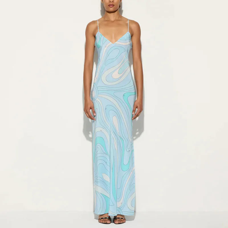 Vintage Pattern Print Spaghetti Strap Dress Casual V Neck Backless Slit Long Dresses