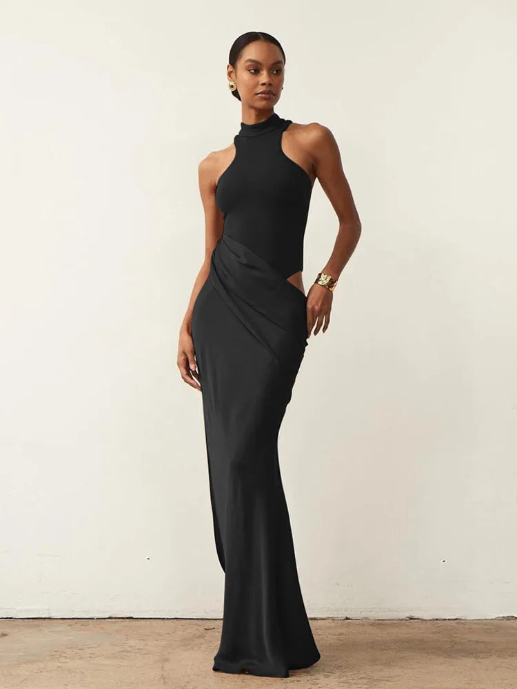 Satin Sexy Hollow Out Women Maxi Dress – Black, Sleeveless, High Waist