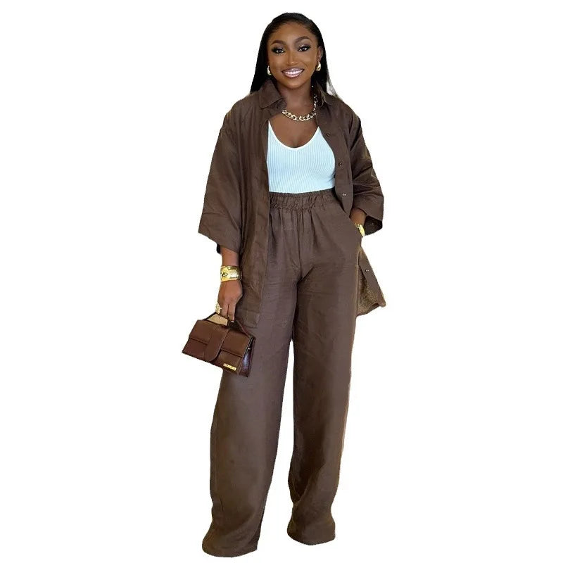 Cotton Linen Women’s 2-Piece Set – Oversized Shirt & Long Pants