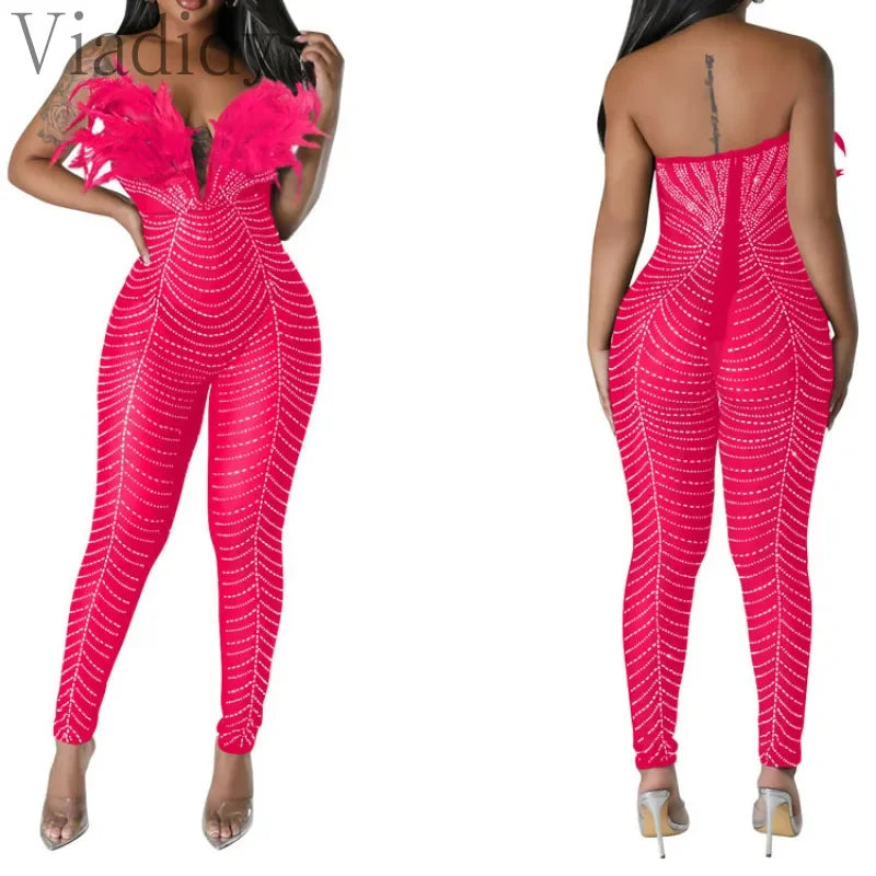 Rhinestone Feather Decor Mesh Sleeveless Backless Skinny Jumpsuit