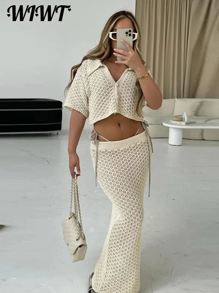 Knit Hollow-Out Cardigan & Skirt Set – Sexy Slim Fit Summer Beach Outfit
