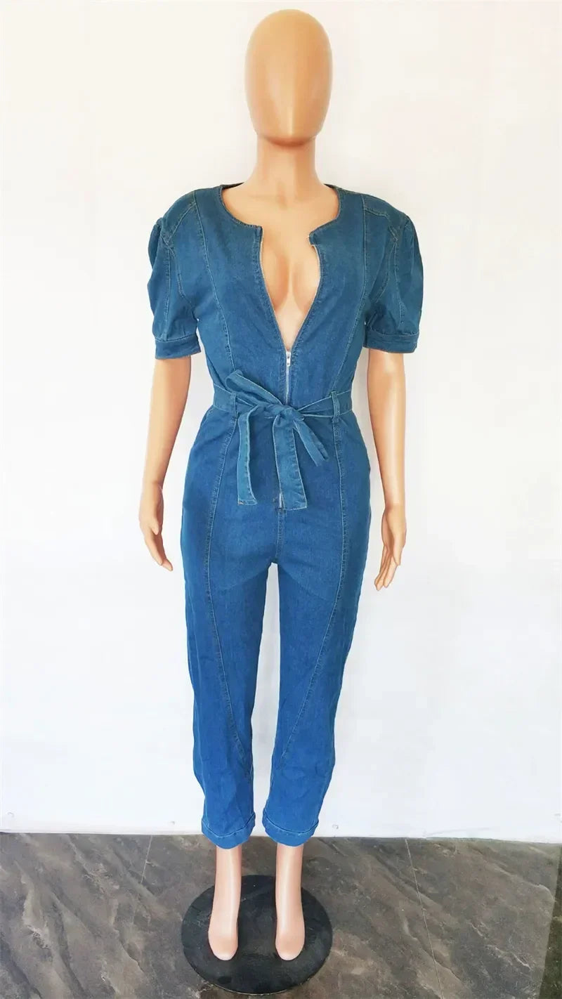 Sexy Lace-Up Denim Jumpsuit for Women – Sleeveless Bodycon Pencil Jeans One-Piece
