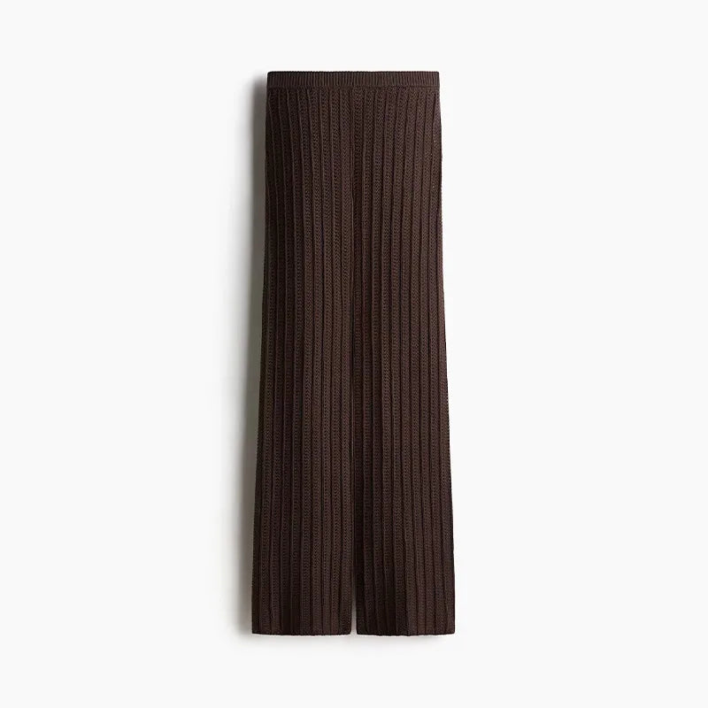 Vintage Knitted Pants Set – Women’s Brown Cardigan & Straight Trousers