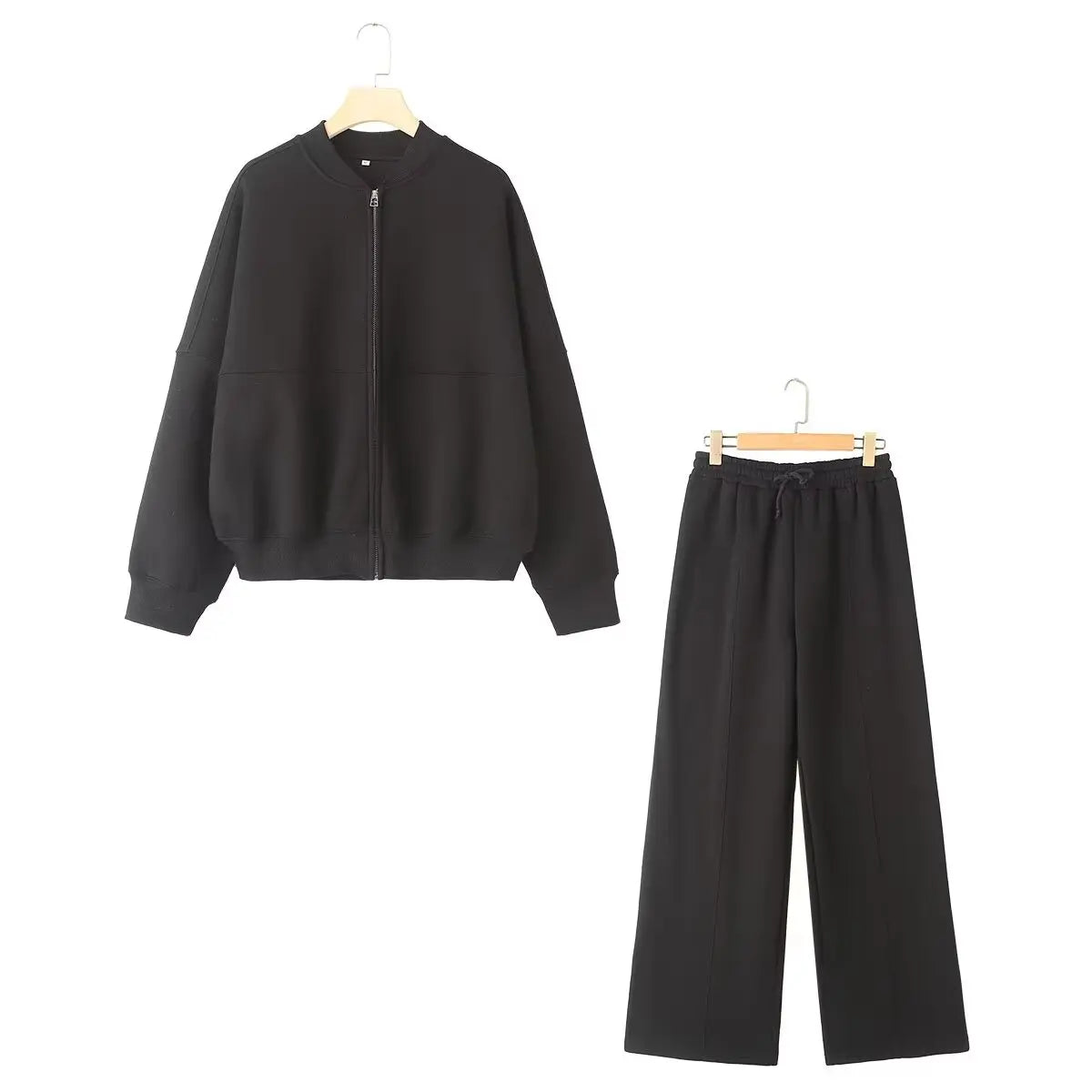 Women’s Fall 2-Piece Set – Retro Zip Bomber Jacket & Lace-Up Wide Leg Pants