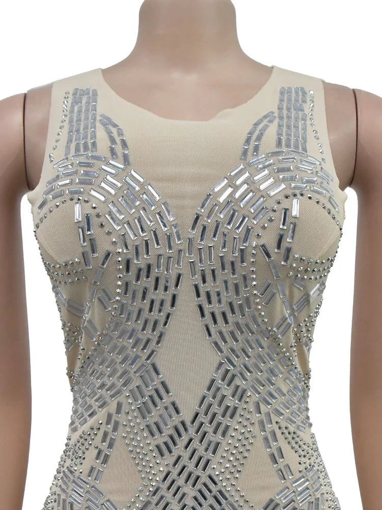 Luxury Crystal Evening Dress for Women – Sleeveless O-Neck Birthday & Party Gown