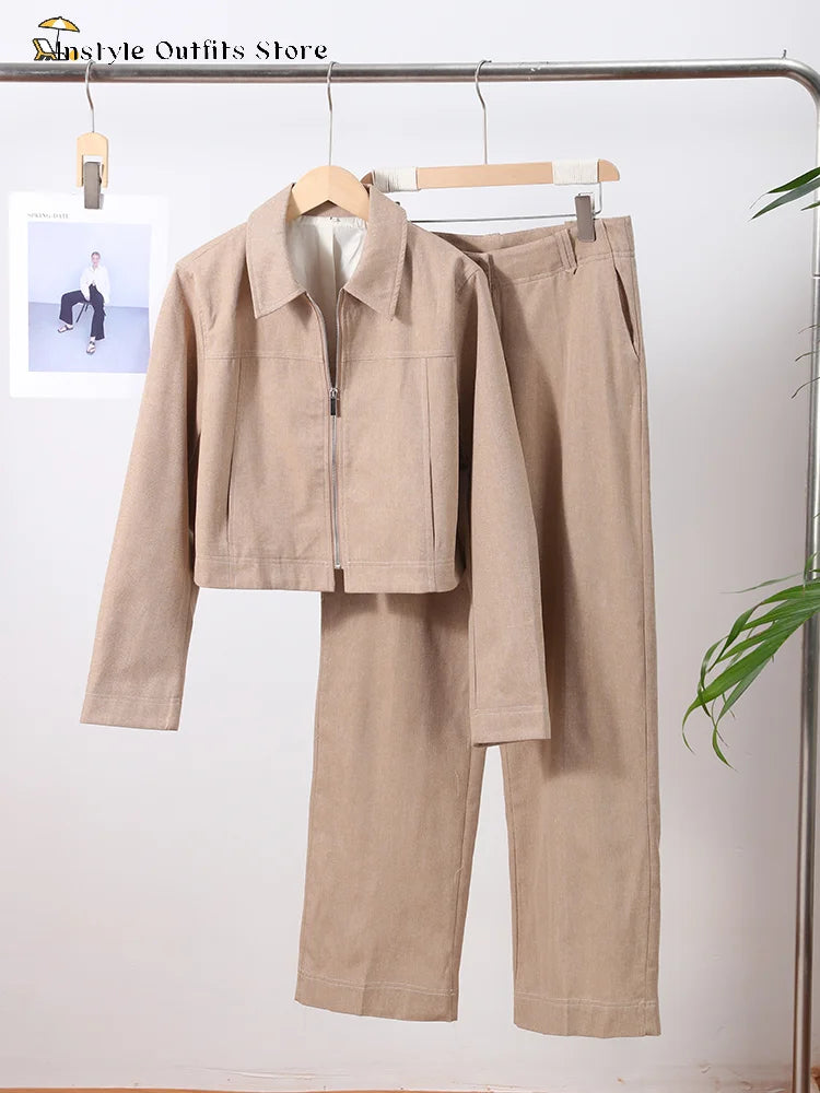 Cotton Linen Trousers Set – Women’s Cropped Zip Top & Straight Pants