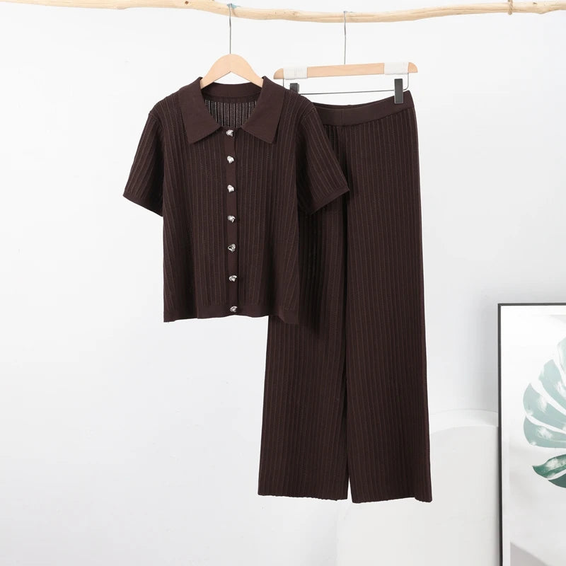 Vintage Knitted Pants Set – Women’s Brown Cardigan & Straight Trousers