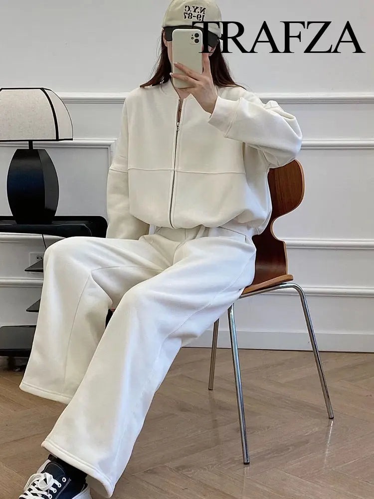 Women’s Fall 2-Piece Set – Retro Zip Bomber Jacket & Lace-Up Wide Leg Pants