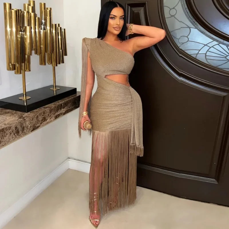 Long Tassel Bright Silk Bodycon Maxi Dress – Elegant Evening Party Gown for Women