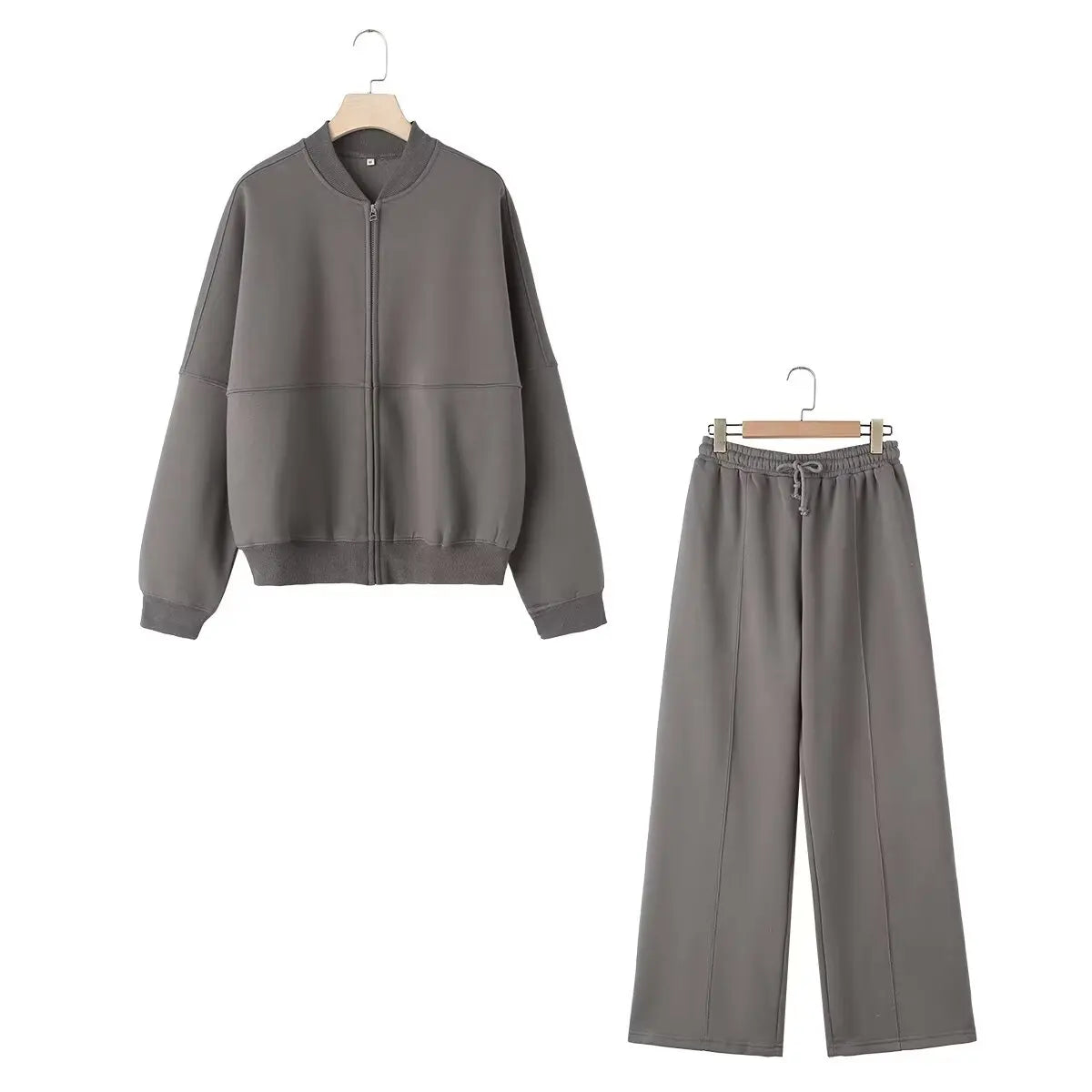 Women’s Fall 2-Piece Set – Retro Zip Bomber Jacket & Lace-Up Wide Leg Pants