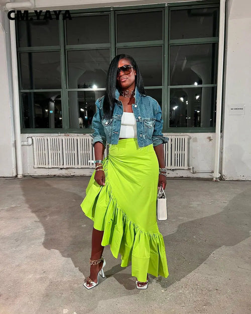 Asymmetrical Ruffle Hem Maxi Skirt – Women’s High Waist Streetwear