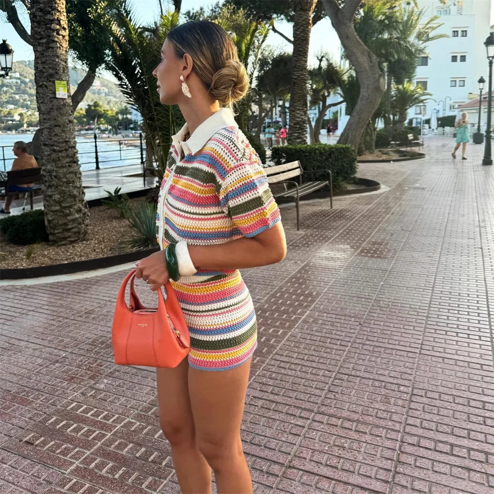 Women’s 2-Piece Set – Polo Collar Knitted Sweater & Striped Shorts