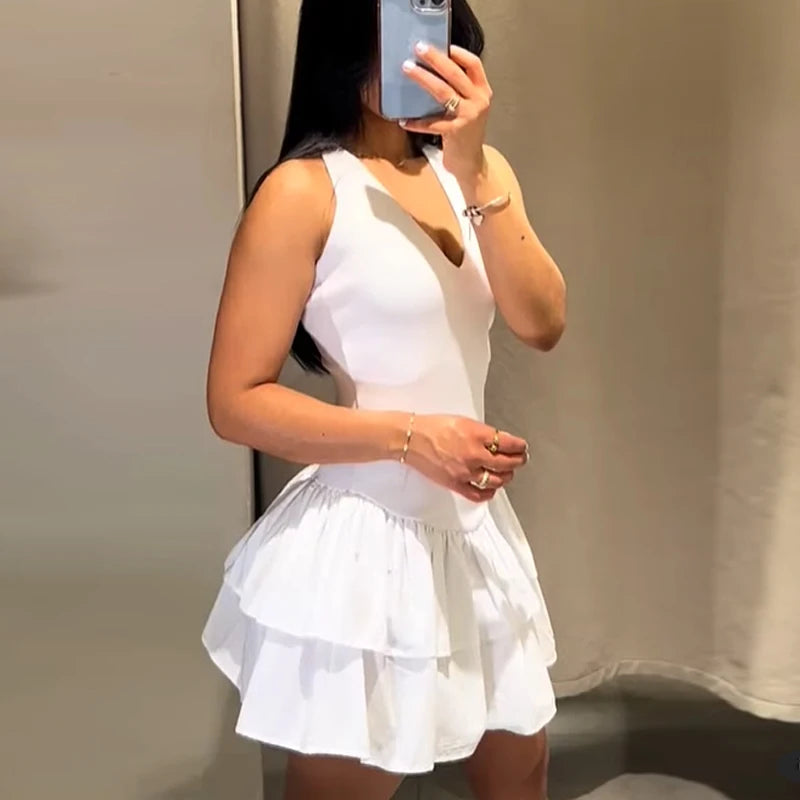 Pink Mini Dress – V-Neck Ruffle Hem A-Line Summer Party Wear