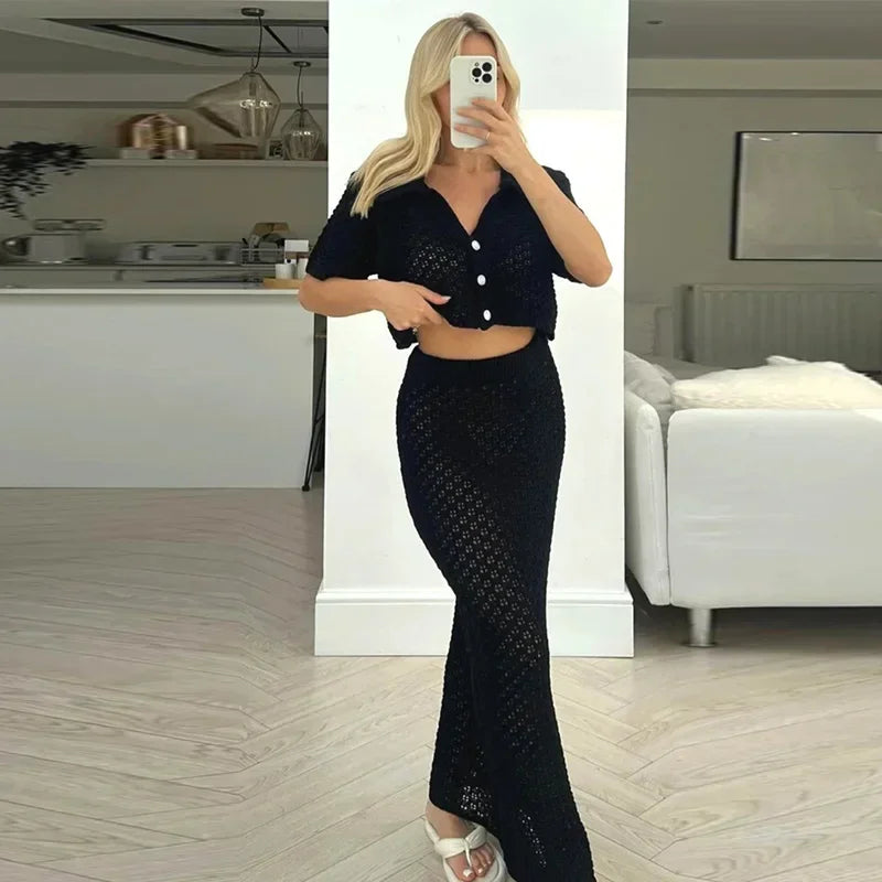 Knit Hollow-Out Cardigan & Skirt Set – Sexy Slim Fit Summer Beach Outfit