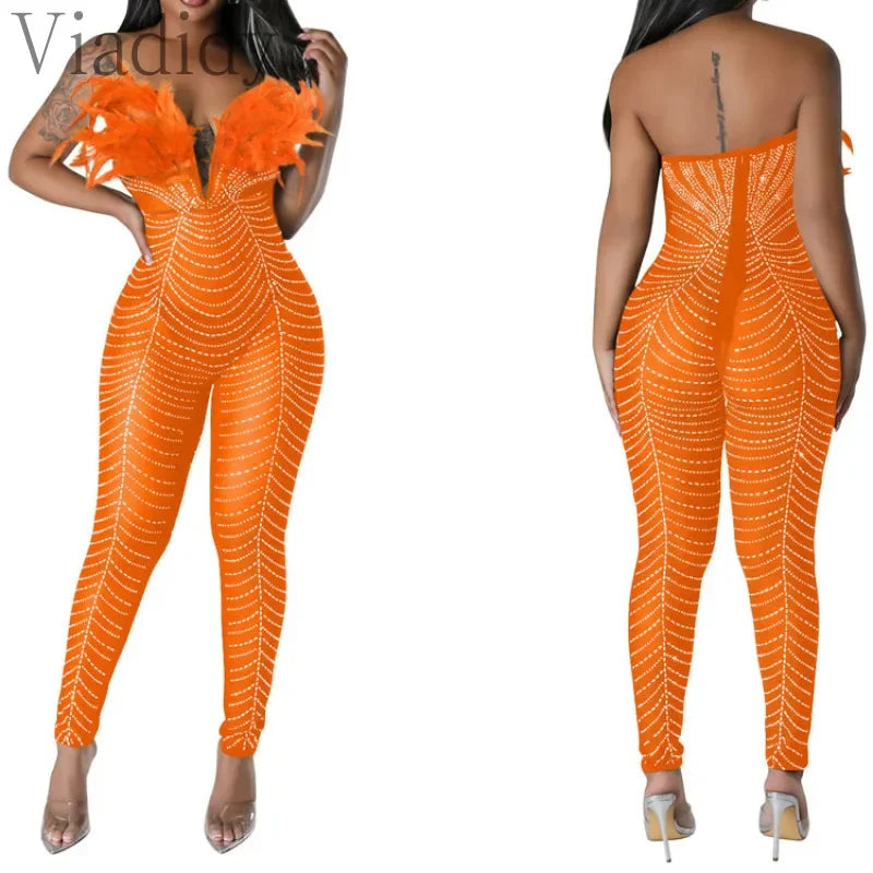 Rhinestone Feather Decor Mesh Sleeveless Backless Skinny Jumpsuit