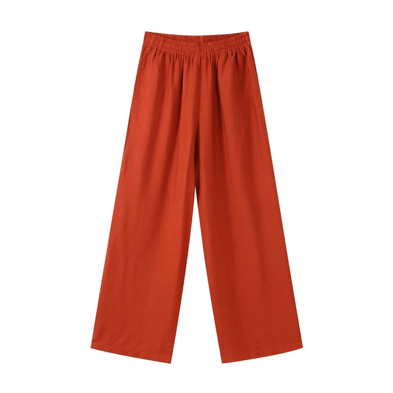 Casual 2-Piece Set – V-Neck Lace-Up Pleated Top & Wide Leg Pants