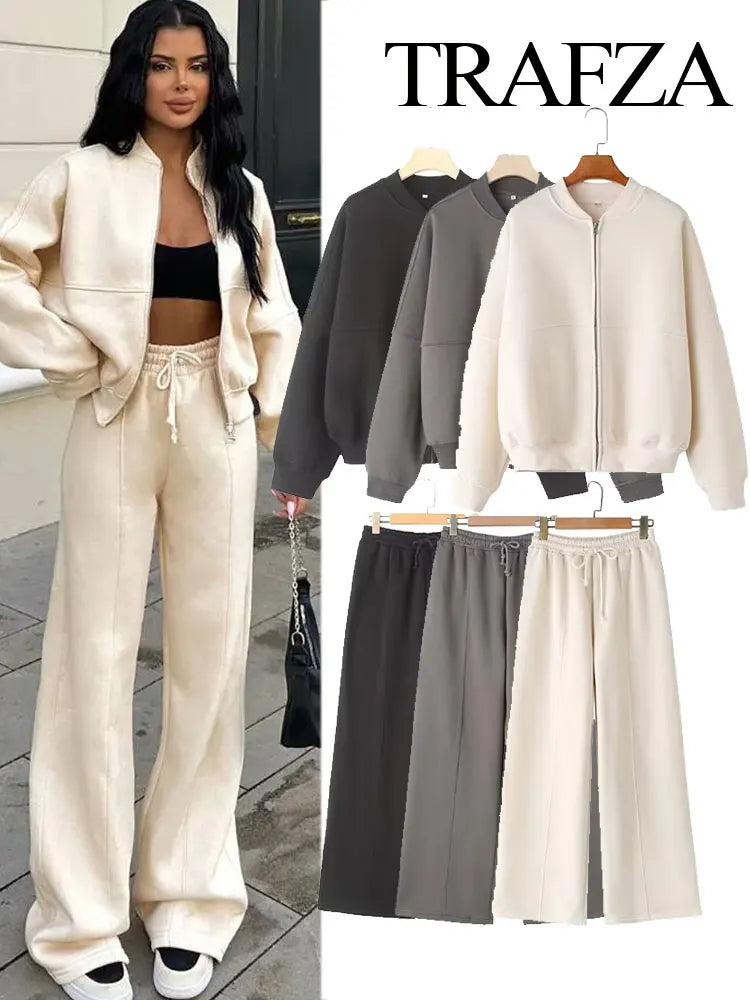 Women’s Fall 2-Piece Set – Retro Zip Bomber Jacket & Lace-Up Wide Leg Pants