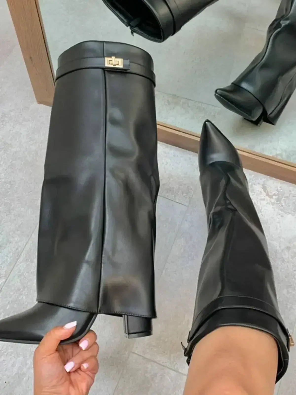 Pointed Metal Buckle Knee-High Boots – Sleek, Stylish, Statement-Making