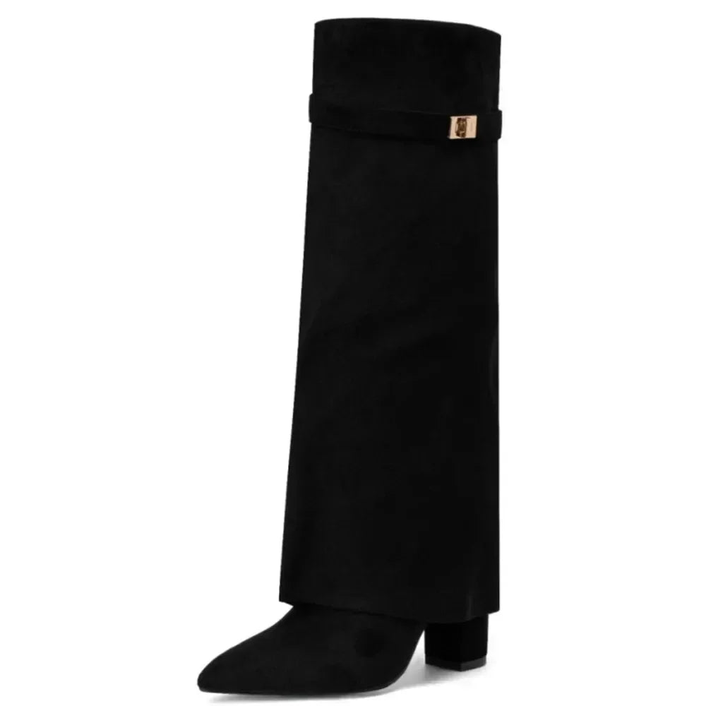 Pointed Metal Buckle Knee-High Boots – Sleek, Stylish, Statement-Making