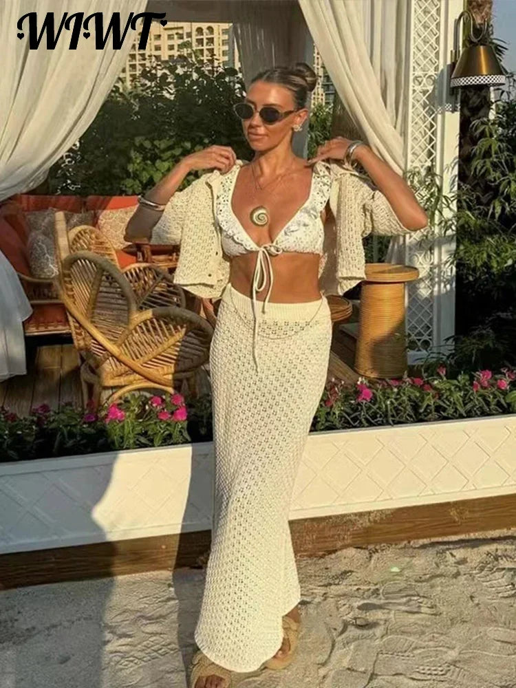 Knit Hollow-Out Cardigan & Skirt Set – Sexy Slim Fit Summer Beach Outfit