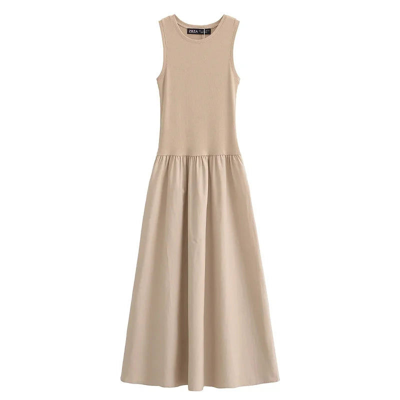 Khaki & Black Elegant Long Dress – Spring