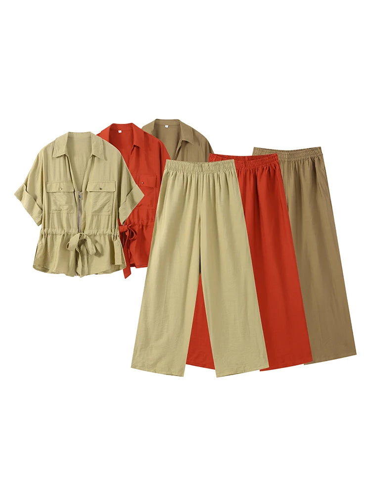 Casual 2-Piece Set – V-Neck Lace-Up Pleated Top & Wide Leg Pants