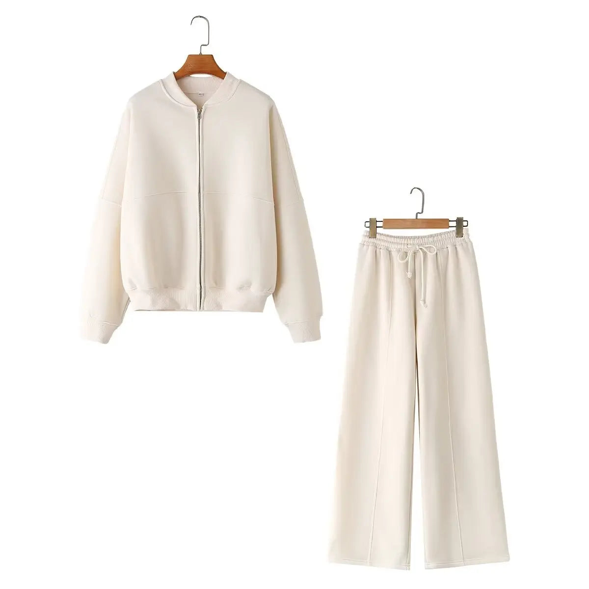 Women’s Fall 2-Piece Set – Retro Zip Bomber Jacket & Lace-Up Wide Leg Pants