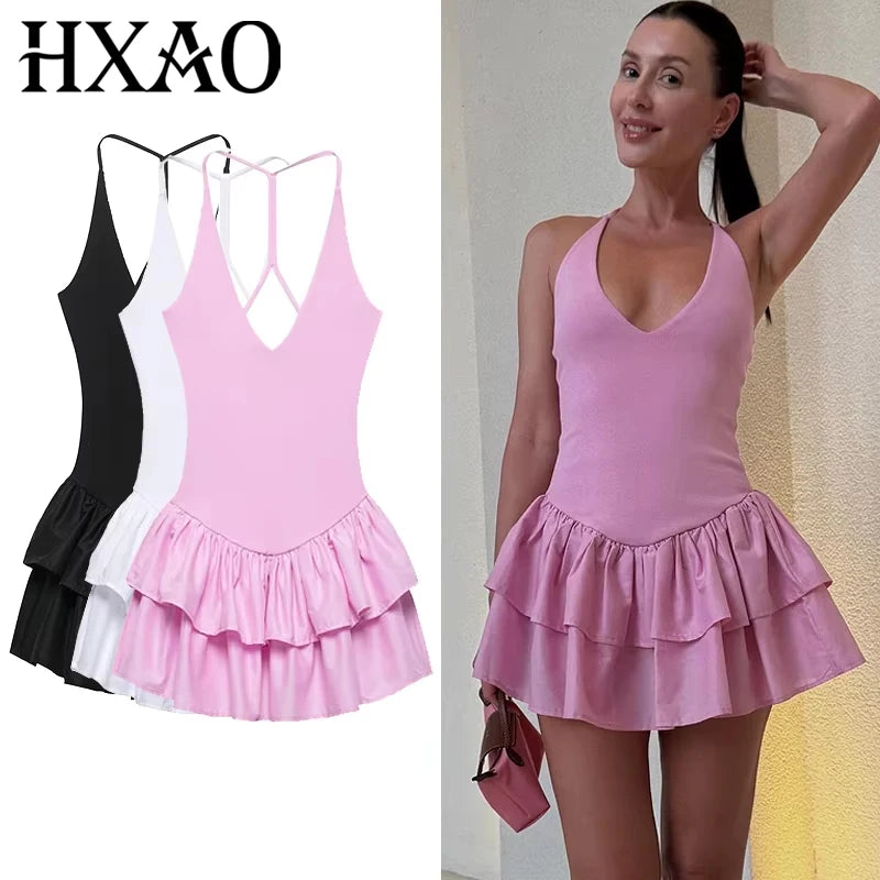Pink Mini Dress – V-Neck Ruffle Hem A-Line Summer Party Wear