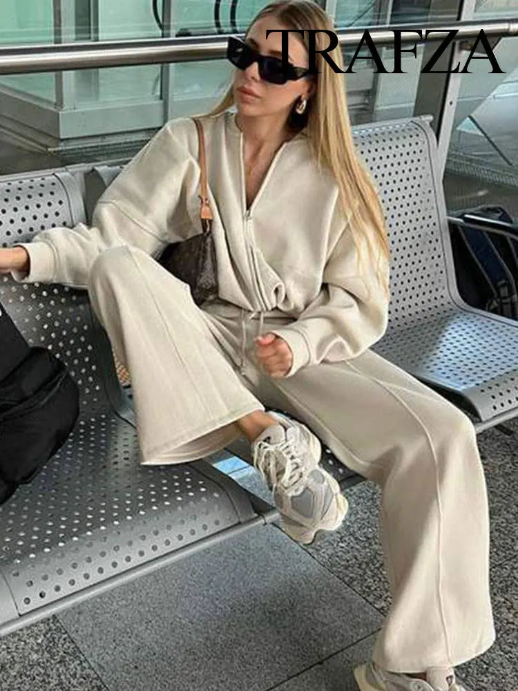 Women’s Fall 2-Piece Set – Retro Zip Bomber Jacket & Lace-Up Wide Leg Pants
