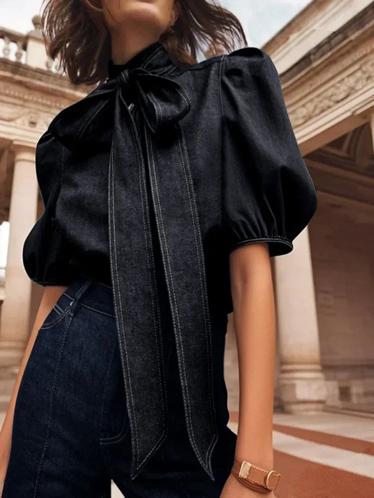 Women Fashion High Neck Imitation Denim Shirts Puff Sleeves Tops Female
