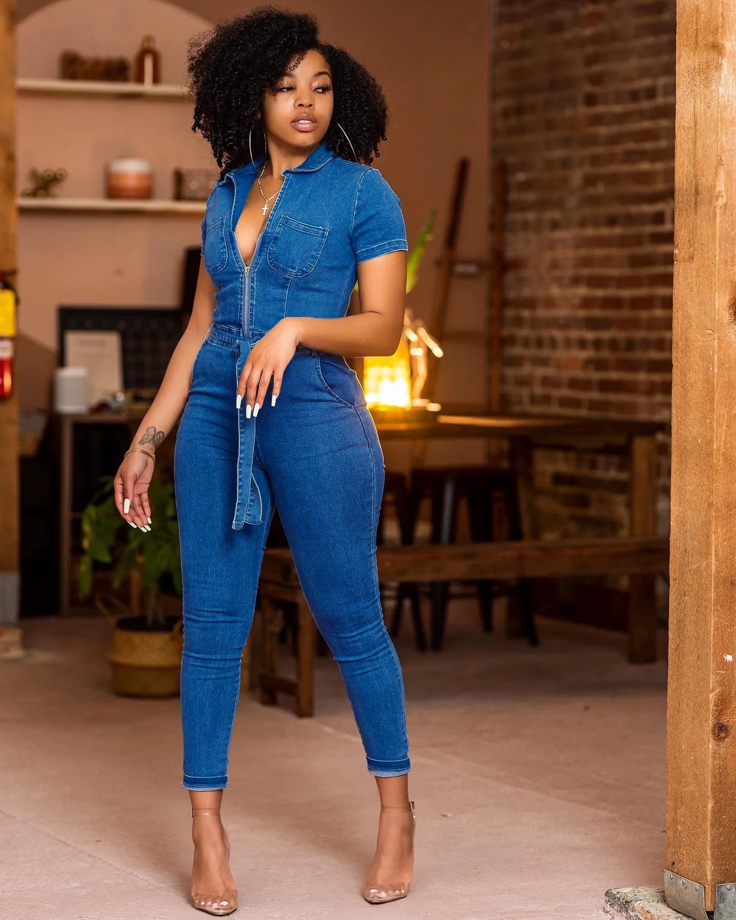 High Street Women’s Denim Jumpsuit – Sexy Turn-Down Collar Elegant Jean Romper for Casual & Party Wear