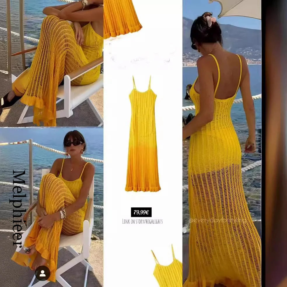 Women's Yellow Knitted Long Dress – Elegant Summer Sleeveless Bodycon