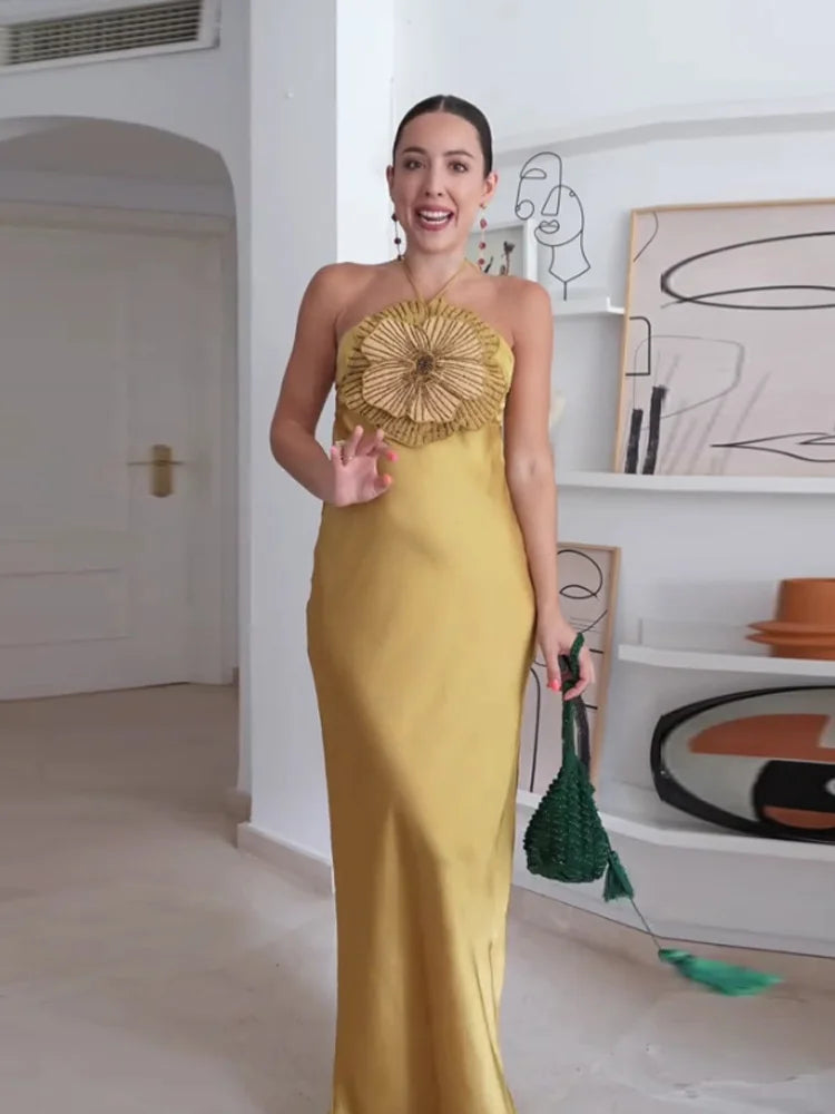 Elegant 3D Floral Halter Dress – Sleeveless Party Gown for Women