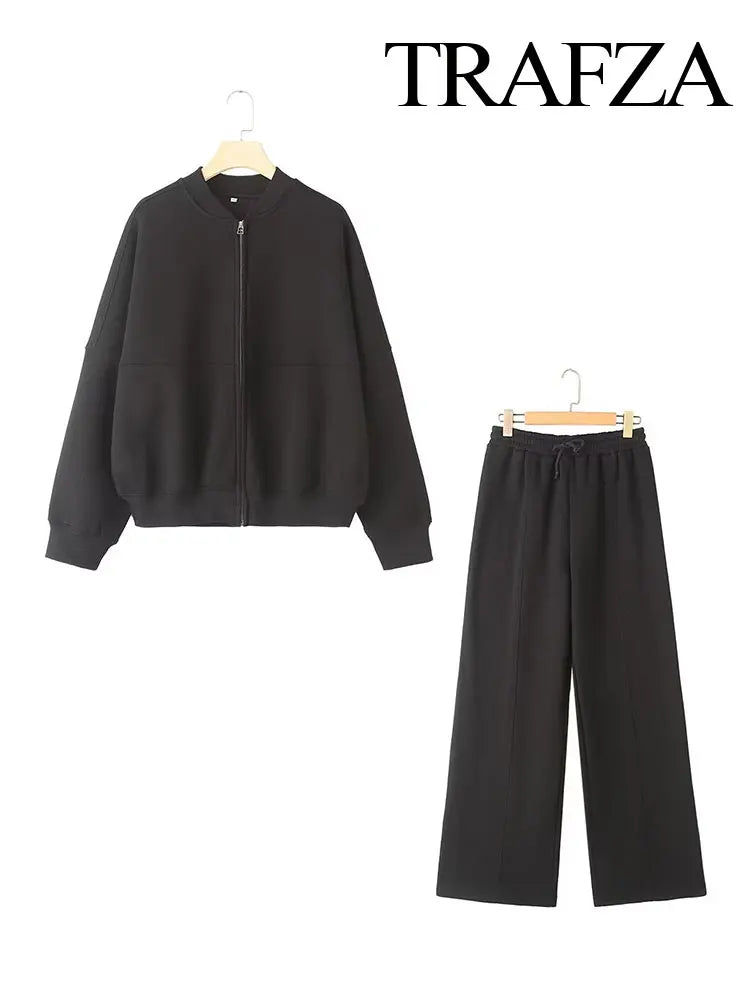 Women’s Fall 2-Piece Set – Retro Zip Bomber Jacket & Lace-Up Wide Leg Pants