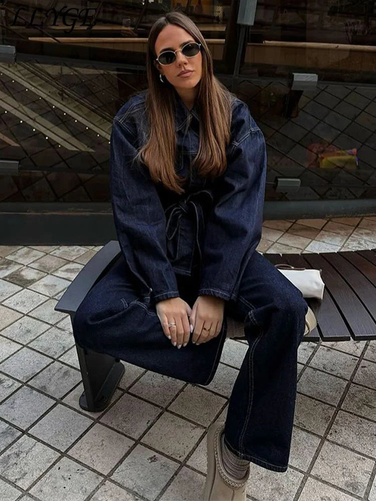 Vintage Belted Denim Jacket & Pants Set – Women’s Autumn Streetwear