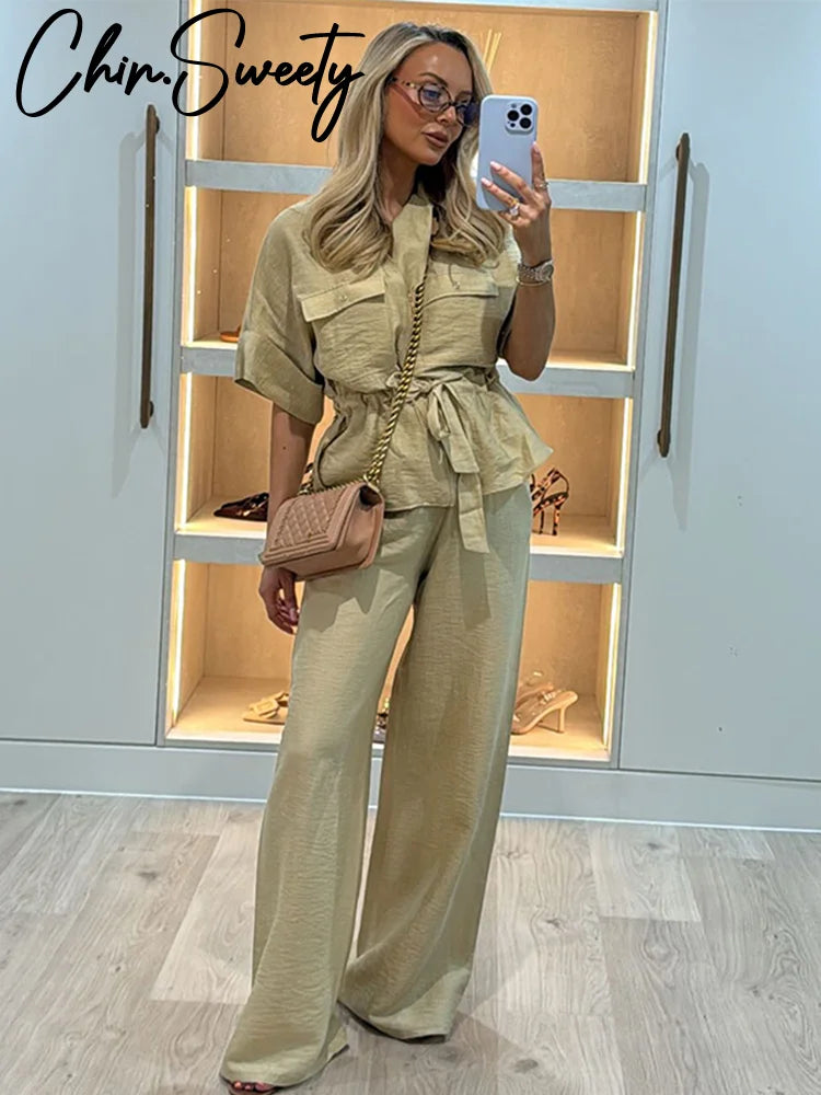 Casual 2-Piece Set – V-Neck Lace-Up Pleated Top & Wide Leg Pants