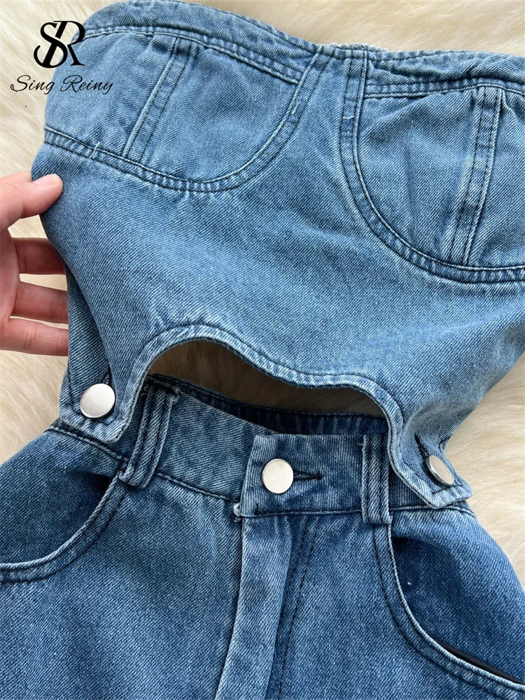 Vintage Strapless Denim Jumpsuit for Women – Hollow Out Wide-Leg Jean Romper