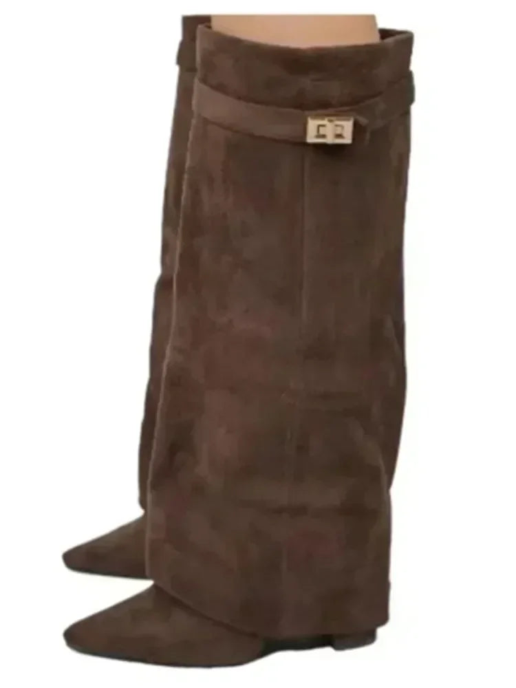 Pointed Metal Buckle Knee-High Boots – Sleek, Stylish, Statement-Making