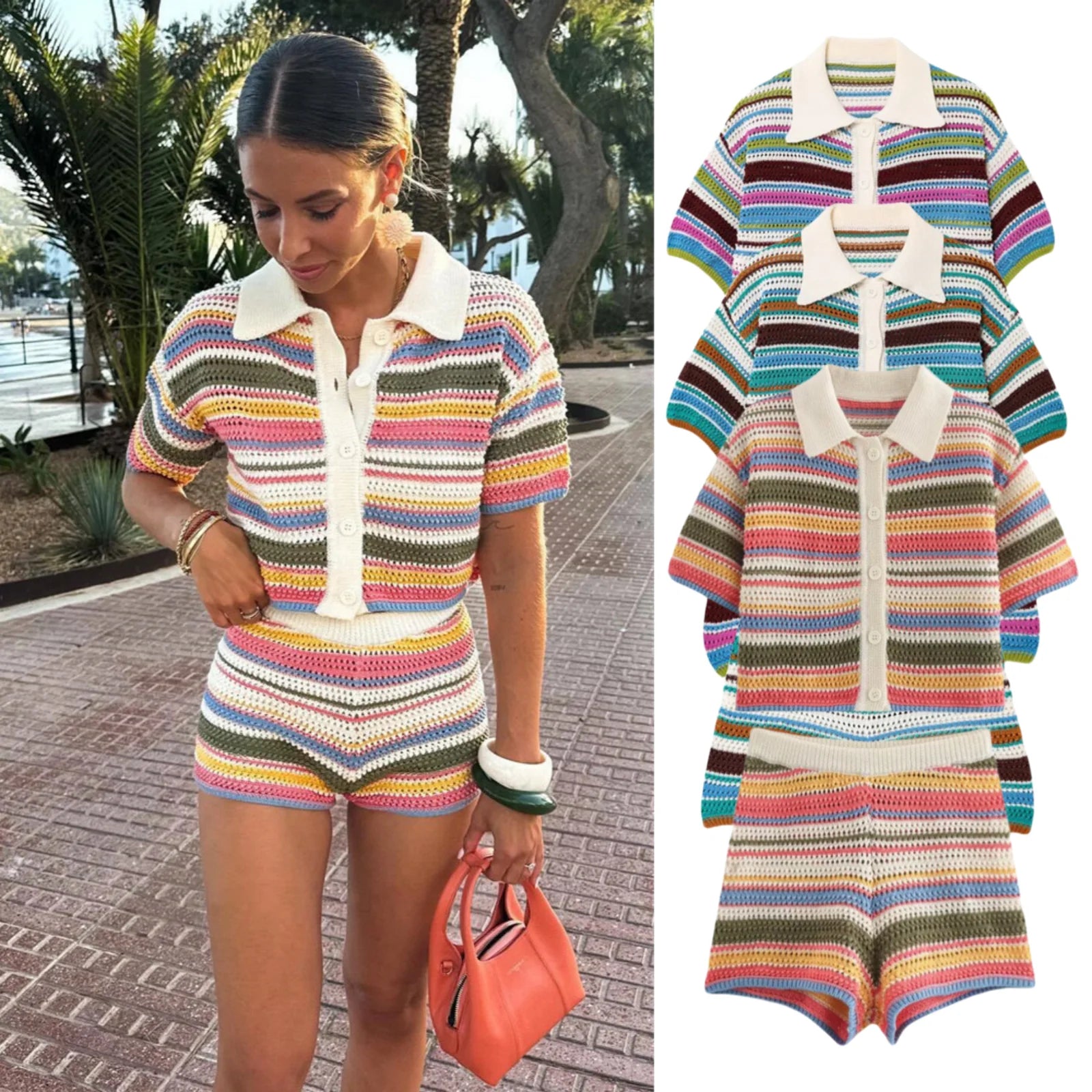 Women’s 2-Piece Set – Polo Collar Knitted Sweater & Striped Shorts