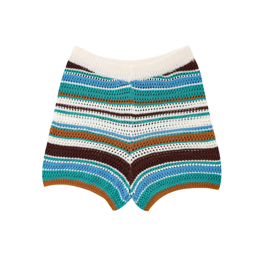 Women’s 2-Piece Set – Polo Collar Knitted Sweater & Striped Shorts