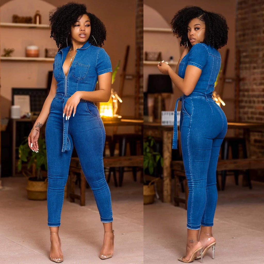High Street Women’s Denim Jumpsuit – Sexy Turn-Down Collar Elegant Jean Romper for Casual & Party Wear