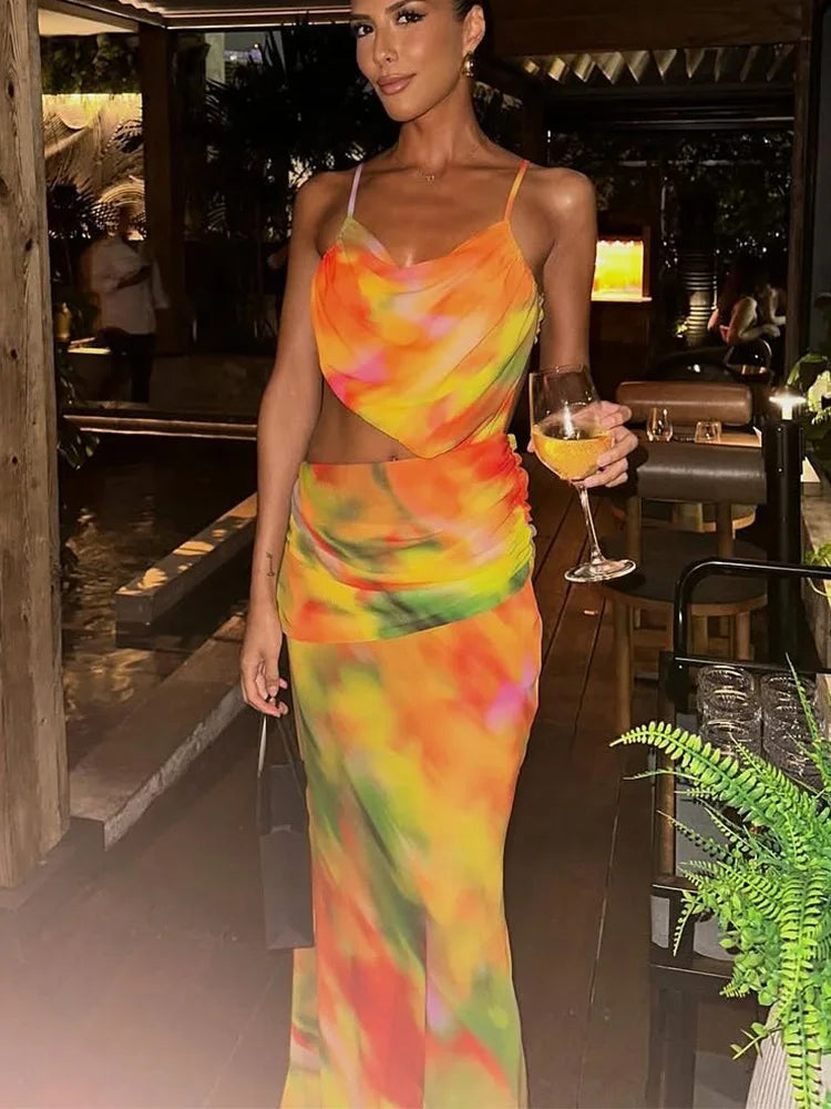 Sexy Wrap-Around Mesh Cut-Out Beach Cover-Up Dress – Printed Long Swimwear Cover-Up for Women