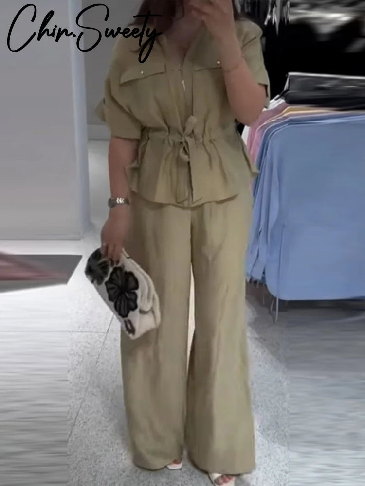 Casual 2-Piece Set – V-Neck Lace-Up Pleated Top & Wide Leg Pants