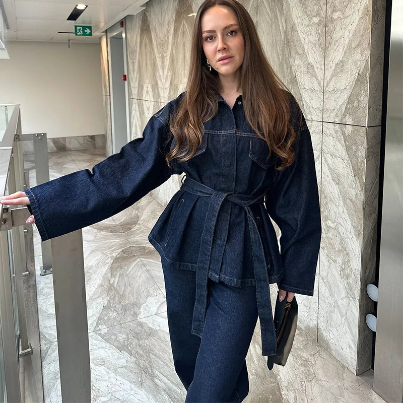 Vintage Belted Denim Jacket & Pants Set – Women’s Autumn Streetwear