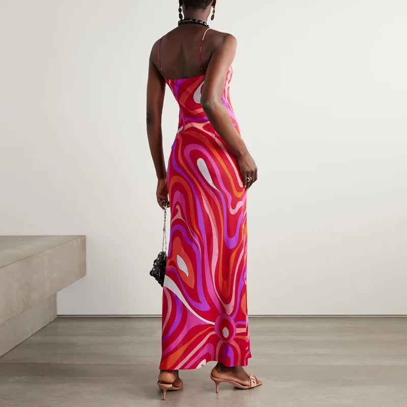 Vintage Pattern Print Spaghetti Strap Dress Casual V Neck Backless Slit Long Dresses