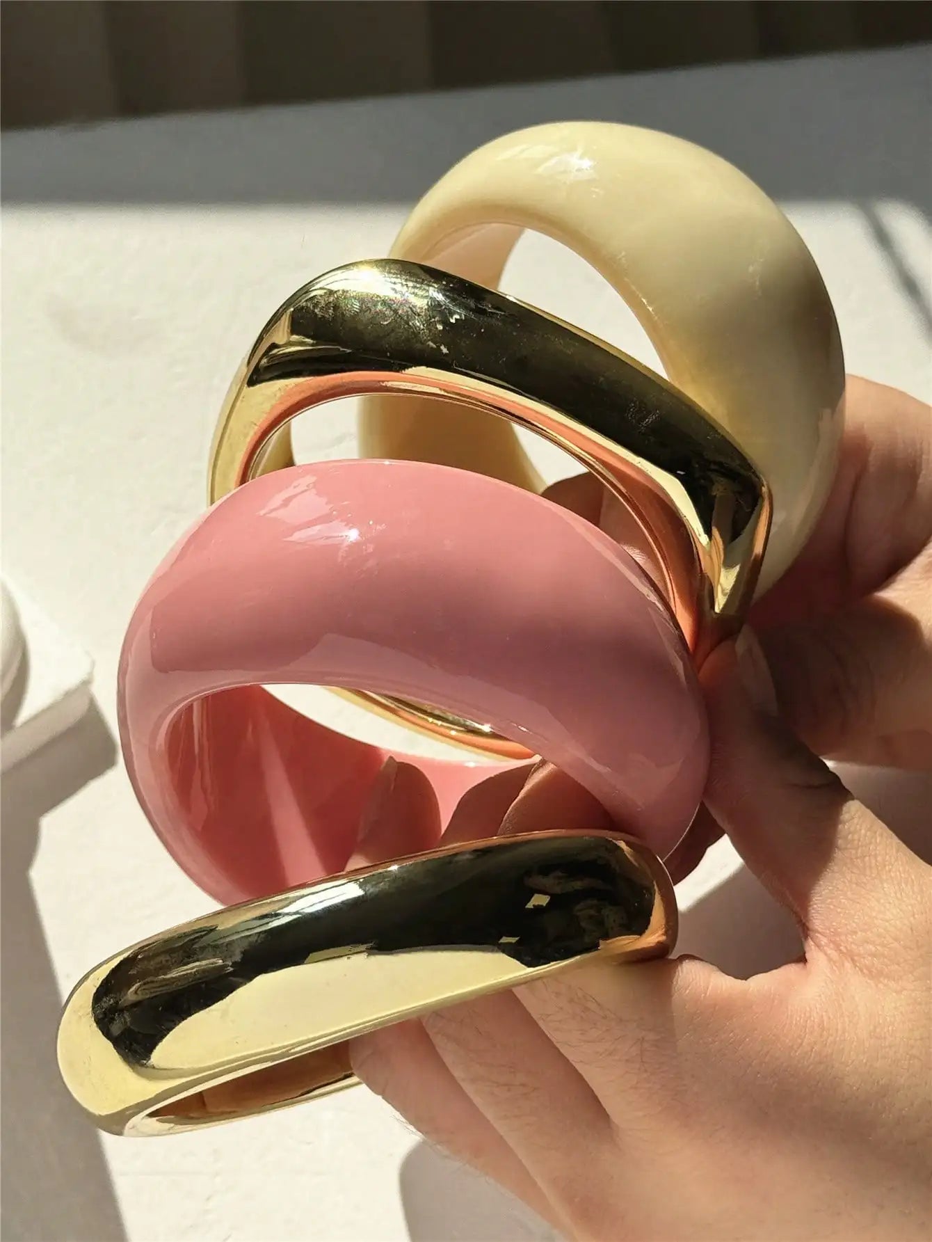 Chunky Asymmetrical Geometric Wide Bracelet – Beige & Pink Fashion Statement Jewelry