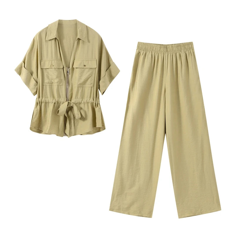 Casual 2-Piece Set – V-Neck Lace-Up Pleated Top & Wide Leg Pants