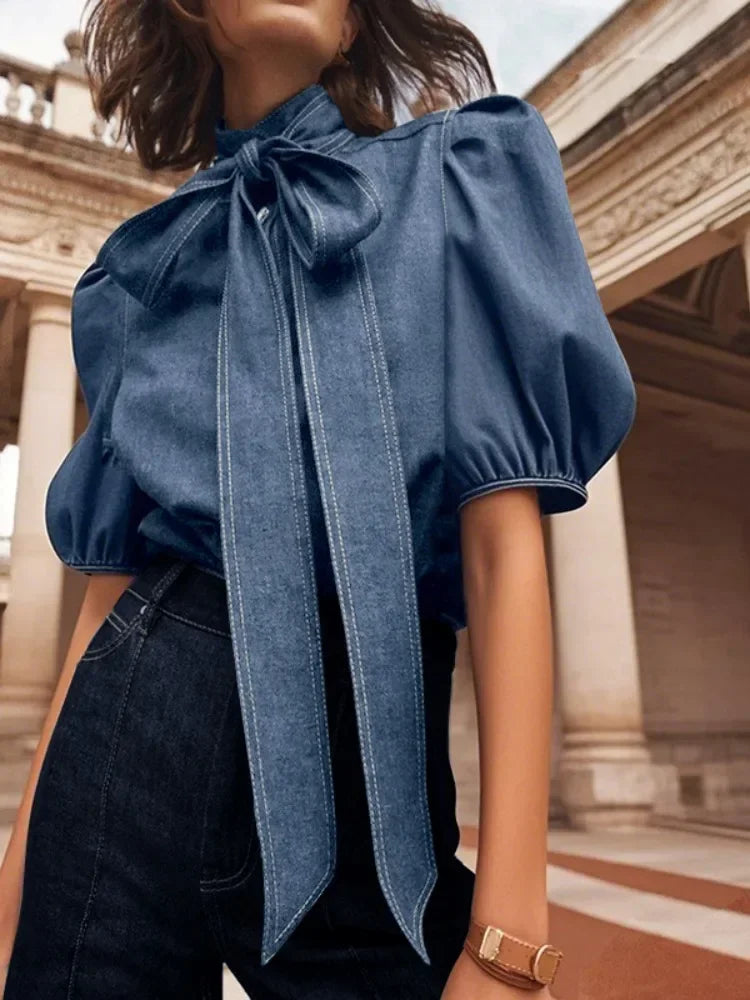 Women Fashion High Neck Imitation Denim Shirts Puff Sleeves Tops Female