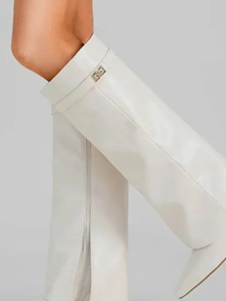 Pointed Metal Buckle Knee-High Boots – Sleek, Stylish, Statement-Making