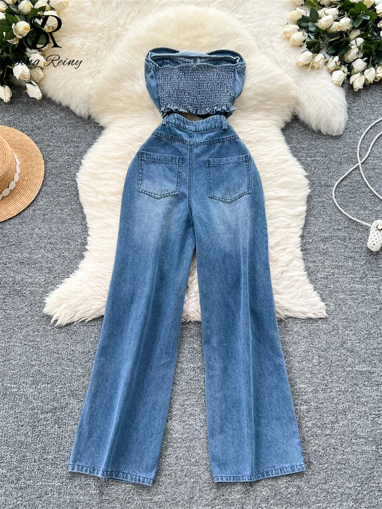 Vintage Strapless Denim Jumpsuit for Women – Hollow Out Wide-Leg Jean Romper
